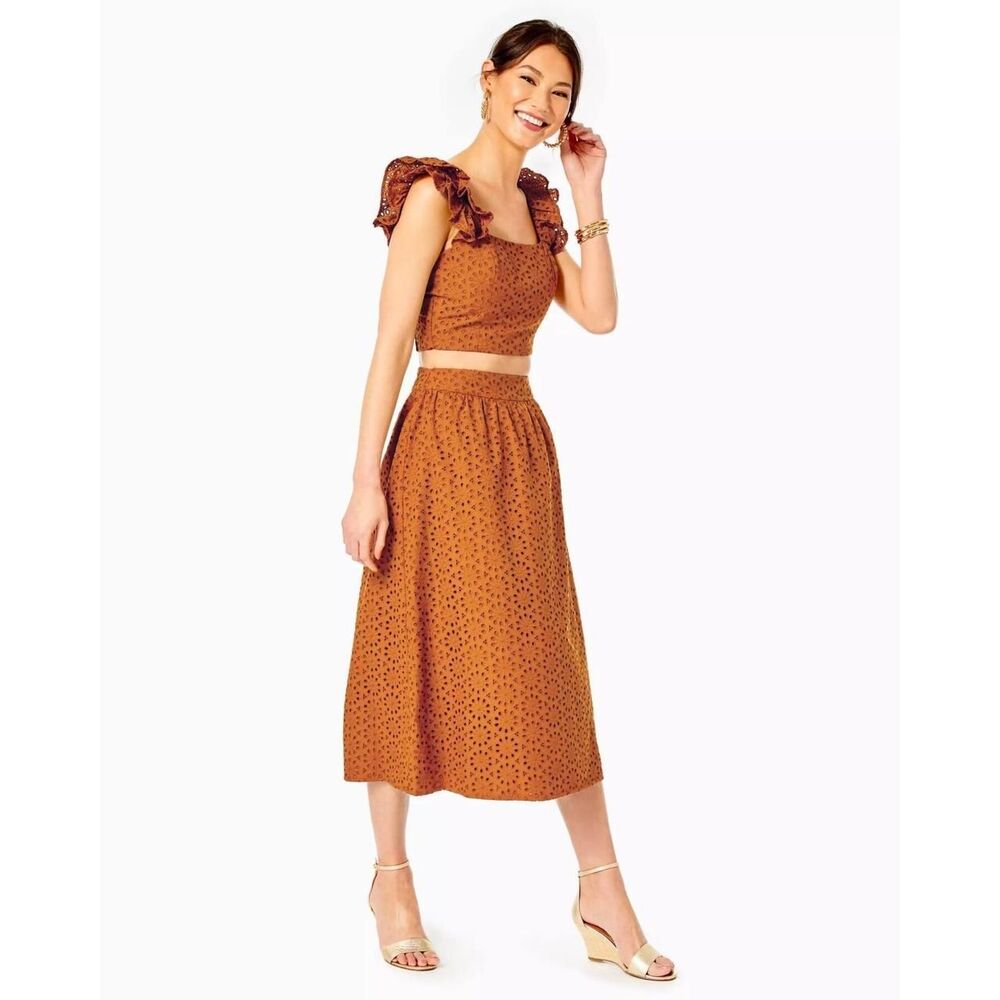 Lilly Pulitzer Eyelet Crop Top and Midi Skirt Set Brown Ruffle 2 Piece Size 14
